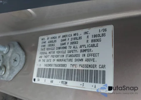 2006 Honda Accord 2.4 Vp z USA, uszkodzony, nr VIN 1HGCM56176A065883